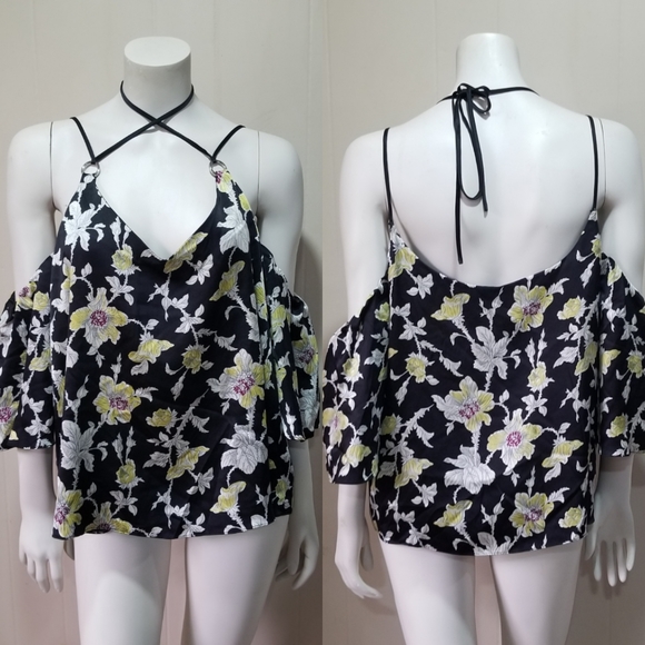 Cinq a Sept Rayna Black Silk Floral Cold Shoulder Top Size Large - Picture 2 of 5
